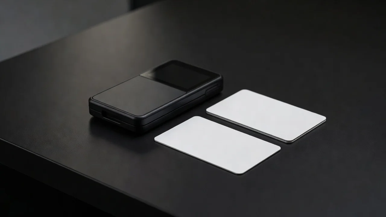 Hardware crypto wallet and bank cards on a matte black surface