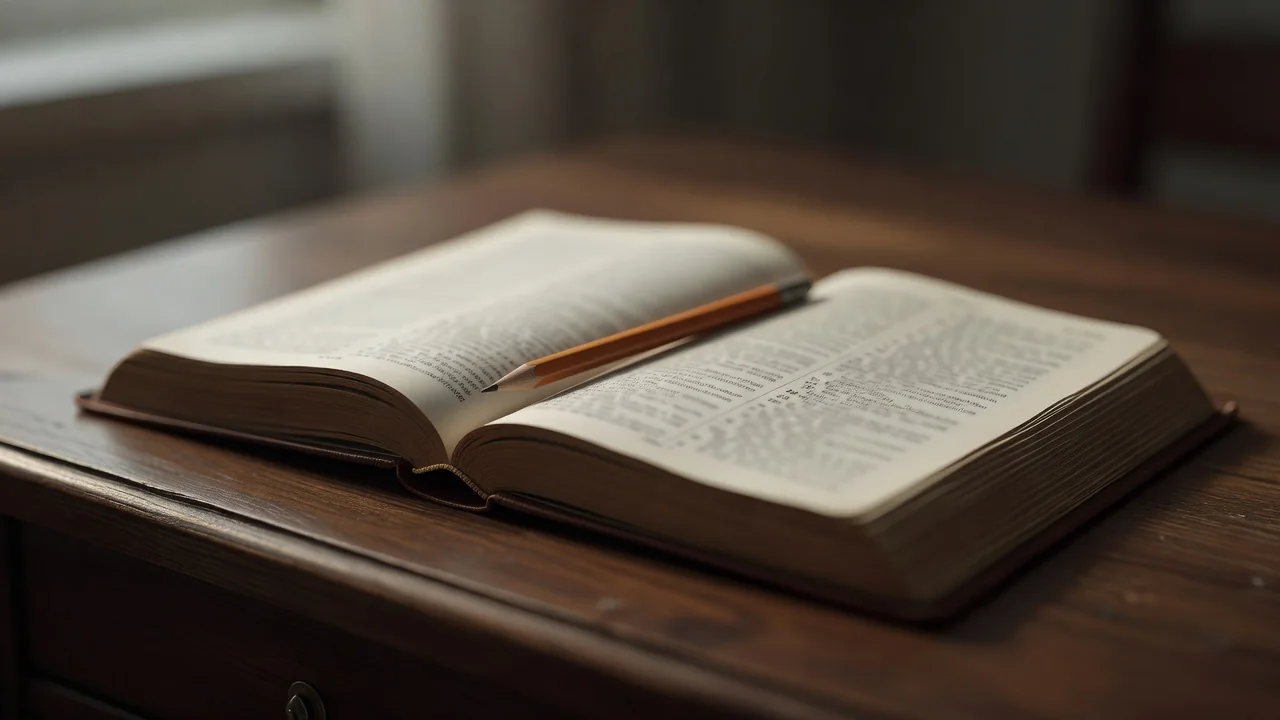 Open pocket dictionary with a pencil on a reading desk