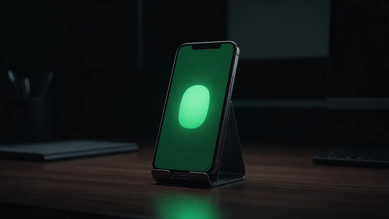 Smartphone with a green button glowing on the screen in a hand-free desk stand