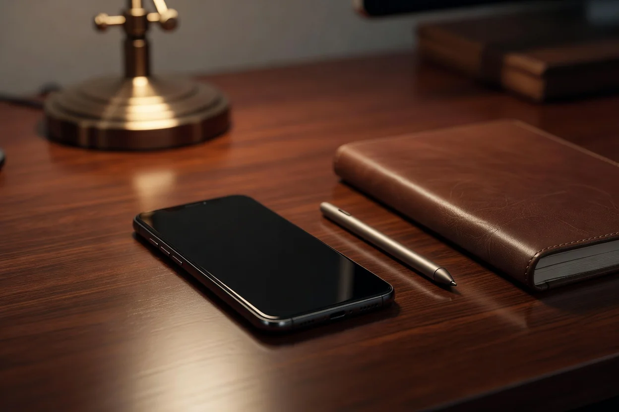Smartphone lying on a wooden desk next to a stylus and notebook