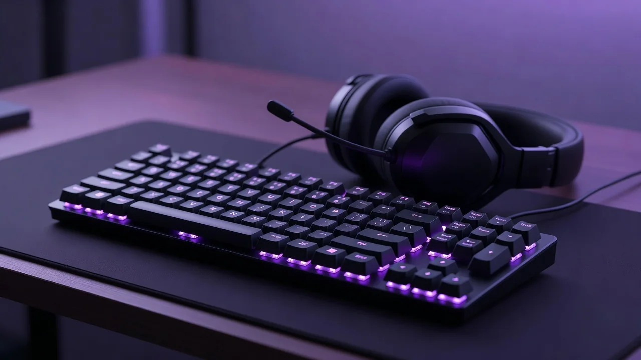 Gaming headset and backlit keyboard on a dark desk