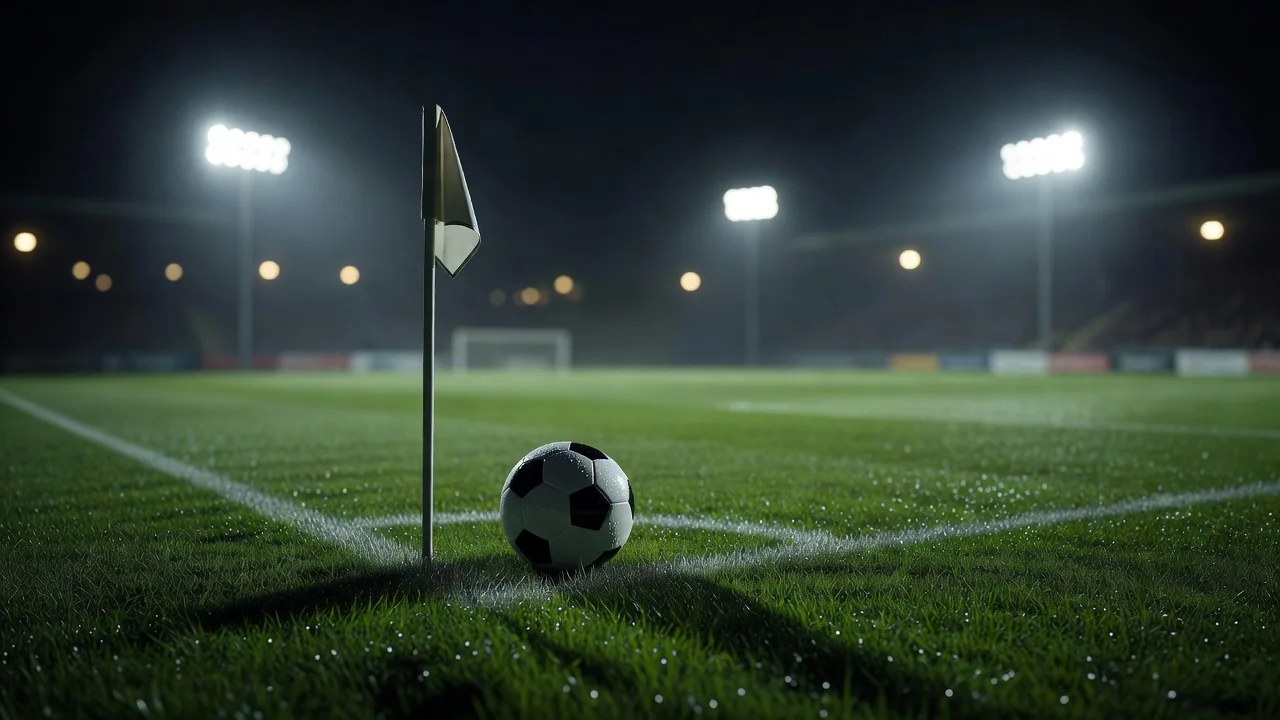 Corner flag and football on wet grass in close-up
