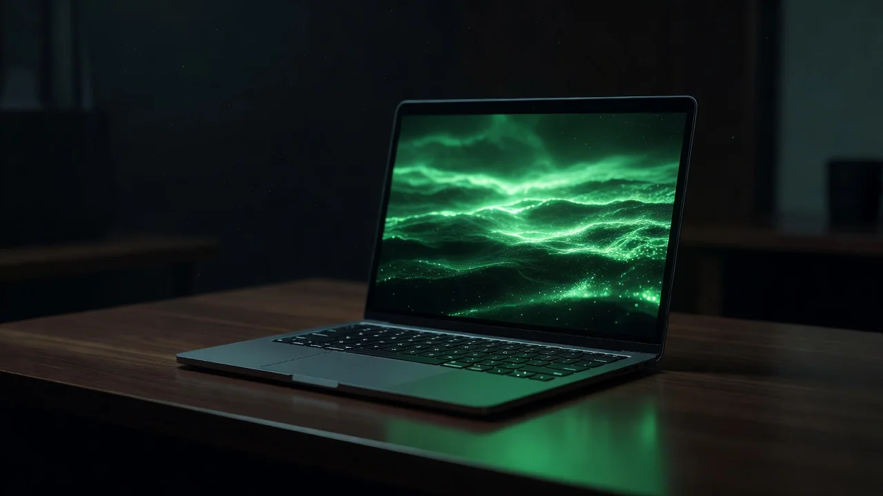 Laptop showing a live match graphic in a dark room