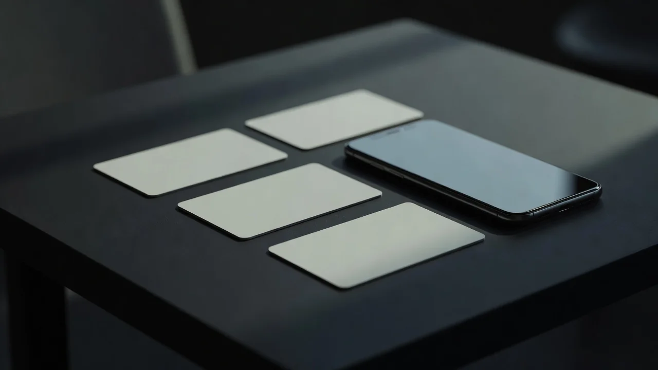 Bank cards and a phone wallet app arranged on a dark table